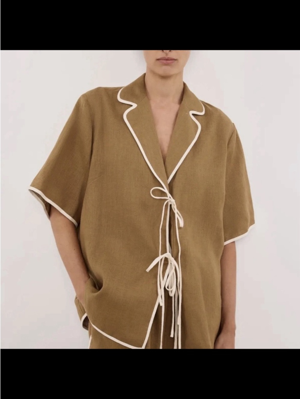 NWT $150 DISSH Von 100% Linen Tie Front Collared Shirt in Fern Brown US 4
